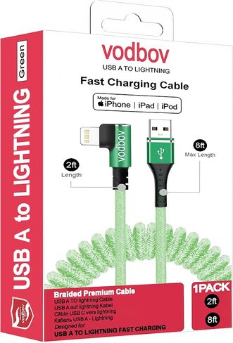 سلك شاحن iPhone ملفوف مضاد لللف بطول 2 قدم إلى 8 أقدام زاوية يمين لهاتف iPhone 14/13/12 Plus، Pro، Pro Max، 13 (أسود حمار وحشي) in Kuwait