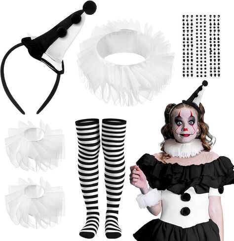 7pcs Halloween Jester Clown Costume Accessories Women Black White Clown Hat Headband Neck Wrist Ruffle Collar Sock Face Jewel in Saudi Arabia