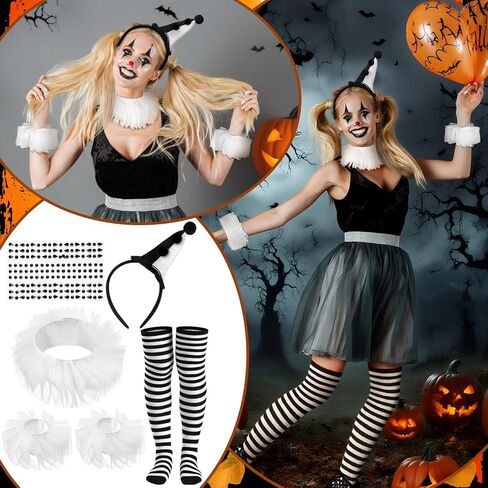 7pcs Halloween Jester Clown Costume Accessories Women Black White Clown Hat Headband Neck Wrist Ruffle Collar Sock Face Jewel in Saudi Arabia