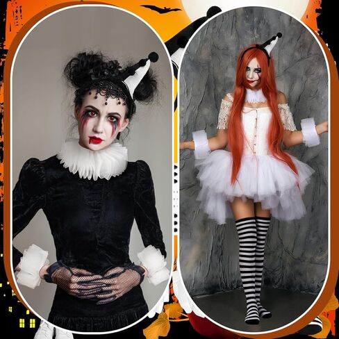 7pcs Halloween Jester Clown Costume Accessories Women Black White Clown Hat Headband Neck Wrist Ruffle Collar Sock Face Jewel in Saudi Arabia