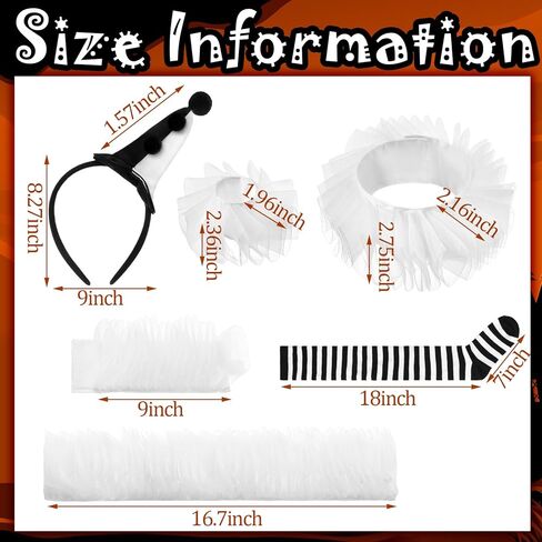 7pcs Halloween Jester Clown Costume Accessories Women Black White Clown Hat Headband Neck Wrist Ruffle Collar Sock Face Jewel in Saudi Arabia