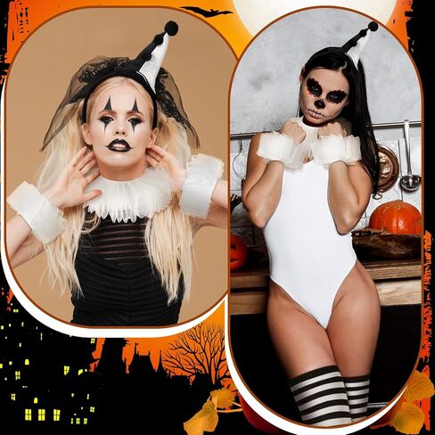 7pcs Halloween Jester Clown Costume Accessories Women Black White Clown Hat Headband Neck Wrist Ruffle Collar Sock Face Jewel in Saudi Arabia