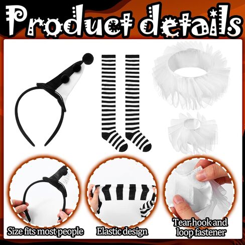7pcs Halloween Jester Clown Costume Accessories Women Black White Clown Hat Headband Neck Wrist Ruffle Collar Sock Face Jewel in Saudi Arabia
