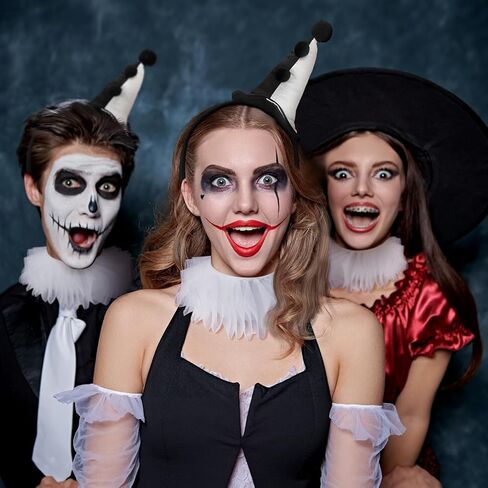 7pcs Halloween Jester Clown Costume Accessories Women Black White Clown Hat Headband Neck Wrist Ruffle Collar Sock Face Jewel in Saudi Arabia