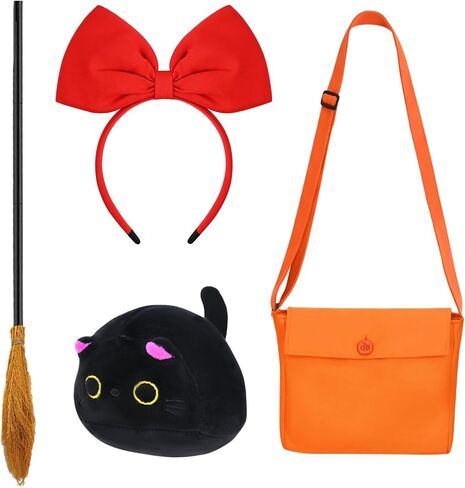 Kavoc 4 Pcs Halloween Witch Costume Include ed Bowknot Headband Orange Bag Wizard Flying Broom and Black Cat Doll for Women Cosplay Dress Up in Saudi Arabia