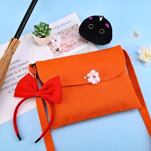 Kavoc 4 Pcs Halloween Witch Costume Include ed Bowknot Headband Orange Bag Wizard Flying Broom and Black Cat Doll for Women Cosplay Dress Up in Saudi Arabia