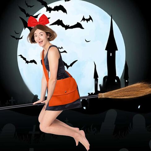 Kavoc 4 Pcs Halloween Witch Costume Include ed Bowknot Headband Orange Bag Wizard Flying Broom and Black Cat Doll for Women Cosplay Dress Up in Saudi Arabia