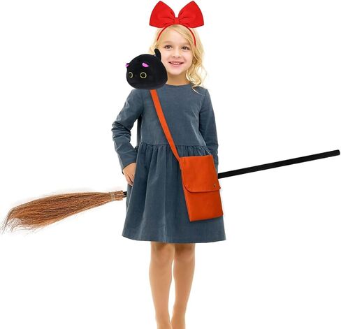Kavoc 4 Pcs Halloween Witch Costume Include ed Bowknot Headband Orange Bag Wizard Flying Broom and Black Cat Doll for Women Cosplay Dress Up in Saudi Arabia