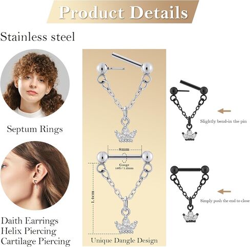 YOFANST 2pc 16G 1.2mm Chain Septum Rings Stainless Steel Septum Piercing Jewelry Threadless Push in Septum Ring Double Helix Piercing Jewelry Length 8mm in Saudi Arabia