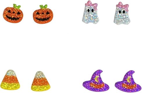 Pingyongchang 4 Pairs Halloween Stud Earrings Set for Women Cute Cartoon Pumpkin Ghost Witch Hat Corn Candy Glitter Acrylic Earring Funny Halloween Outfits Accessories Costume Party Jewelry in Saudi Arabia