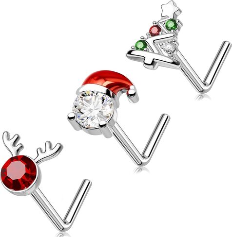 MeIighting 3PCS 20G Christmas Nose Studs L-shaped, 7mm Santa Claus Tree Reindeer Nostril Piercing Jewelry, Stainless Steel 316L Christmas Elements Body Jewellery for Women in Saudi Arabia