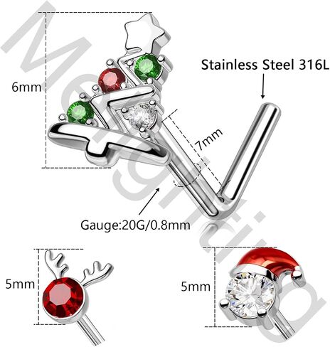 MeIighting 3PCS 20G Christmas Nose Studs L-shaped, 7mm Santa Claus Tree Reindeer Nostril Piercing Jewelry, Stainless Steel 316L Christmas Elements Body Jewellery for Women in Saudi Arabia