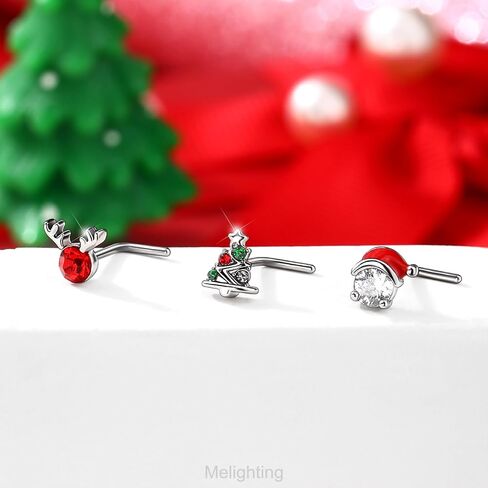 MeIighting 3PCS 20G Christmas Nose Studs L-shaped, 7mm Santa Claus Tree Reindeer Nostril Piercing Jewelry, Stainless Steel 316L Christmas Elements Body Jewellery for Women in Saudi Arabia