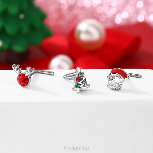 MeIighting 3PCS 20G Christmas Nose Studs L-shaped, 7mm Santa Claus Tree Reindeer Nostril Piercing Jewelry, Stainless Steel 316L Christmas Elements Body Jewellery for Women in Saudi Arabia