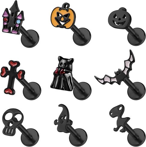 BodyAce Halloween الشفاه خواتم 16G أقراط مسطحة الظهر اليقطين اللولب الغضروف القرط الأسود الجمجمة الزنمة ثقب شبح الشفاه ترصيع هالوين Labret مجوهرات in Saudi Arabia