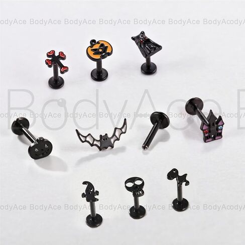 BodyAce Halloween الشفاه خواتم 16G أقراط مسطحة الظهر اليقطين اللولب الغضروف القرط الأسود الجمجمة الزنمة ثقب شبح الشفاه ترصيع هالوين Labret مجوهرات in Saudi Arabia