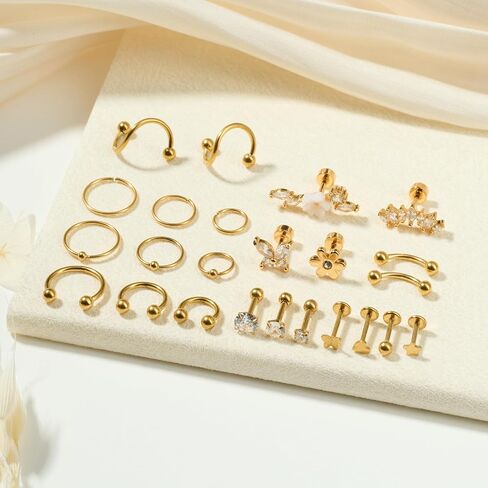 TOKRING 16G 18G 20G أقراط الغضروف الأطواق الأزرار الفولاذ المقاوم للصدأ أقراط الشفاه خواتم اللولب الزنمة Daith Conch Rook ثقب المجوهرات للنساء الفضة الذهب 24 قطعة in Kuwait