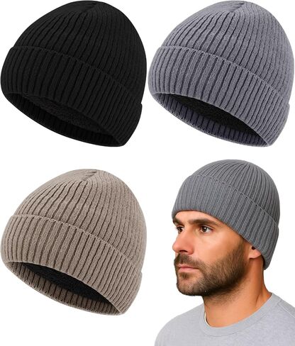 Shihanee 3 Pack Winter Fleece Line Beanie for Men Warm Thermal Knitted Hat for Cold Weather Outdoor Sports, Multicolor in Saudi Arabia