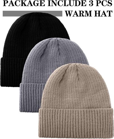 Shihanee 3 Pack Winter Fleece Line Beanie for Men Warm Thermal Knitted Hat for Cold Weather Outdoor Sports, Multicolor in Saudi Arabia