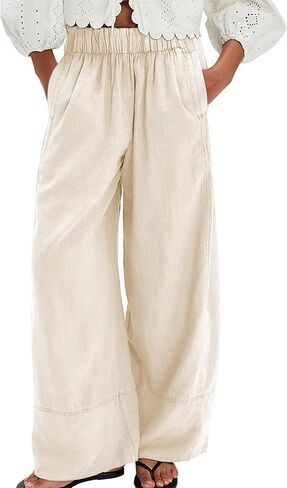 Songling Wide Leg Linen Pants for Women Summer Cotton Casual Palazzo Pant Boho Flowy Beach Pants with Pockets in Kuwait