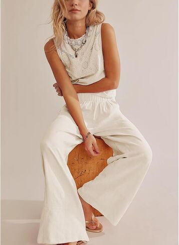 Songling Wide Leg Linen Pants for Women Summer Cotton Casual Palazzo Pant Boho Flowy Beach Pants with Pockets in Kuwait
