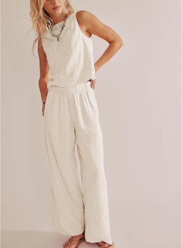 Songling Wide Leg Linen Pants for Women Summer Cotton Casual Palazzo Pant Boho Flowy Beach Pants with Pockets in Kuwait