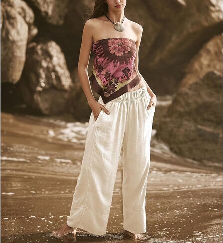 Songling Wide Leg Linen Pants for Women Summer Cotton Casual Palazzo Pant Boho Flowy Beach Pants with Pockets in Kuwait