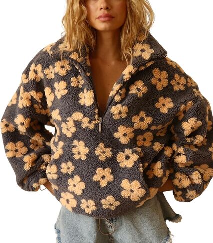 utcoco Women's Floral Sherpa Pullover Half Zip Fleece Sweatshirt with Kangaroo Pocket 2025 Fall Winter Outwear in Saudi Arabia