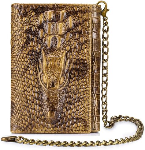 Steel Lion Genuine Cowhide Leather Men's Wallet - Crocodile-Embossed Design with Large ID Window, 15 Card Slots & Built-in Zippered Coin Pocket, Includes Anti-Theft Chain in Saudi Arabia