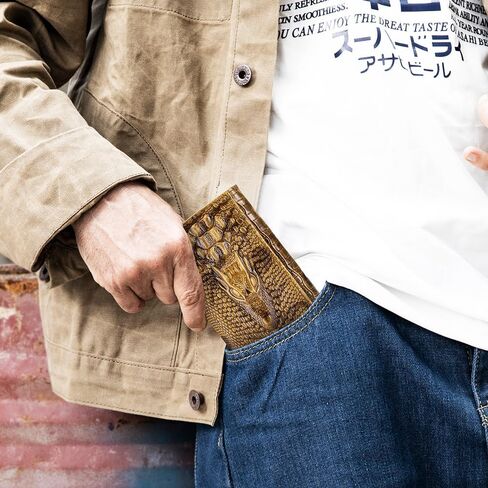 Steel Lion Genuine Cowhide Leather Men's Wallet - Crocodile-Embossed Design with Large ID Window, 15 Card Slots & Built-in Zippered Coin Pocket, Includes Anti-Theft Chain in Saudi Arabia