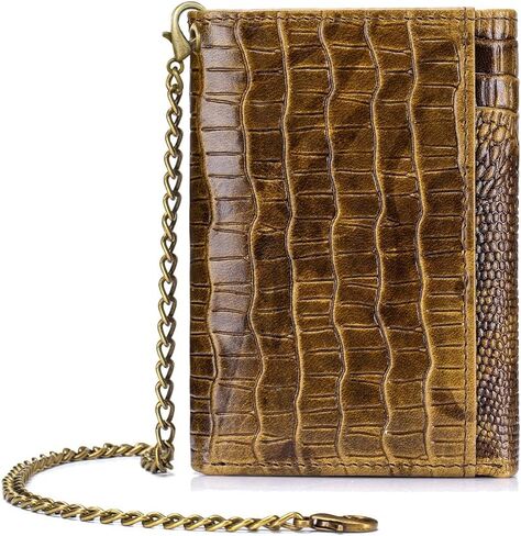 Steel Lion Genuine Cowhide Leather Men's Wallet - Crocodile-Embossed Design with Large ID Window, 15 Card Slots & Built-in Zippered Coin Pocket, Includes Anti-Theft Chain in Saudi Arabia