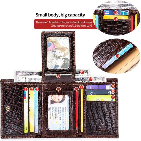 Steel Lion Genuine Cowhide Leather Men's Wallet - Crocodile-Embossed Design with Large ID Window, 15 Card Slots & Built-in Zippered Coin Pocket, Includes Anti-Theft Chain in Saudi Arabia
