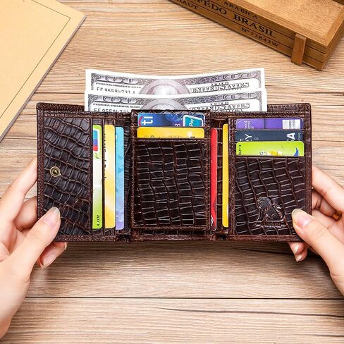 Steel Lion Genuine Cowhide Leather Men's Wallet - Crocodile-Embossed Design with Large ID Window, 15 Card Slots & Built-in Zippered Coin Pocket, Includes Anti-Theft Chain in Saudi Arabia