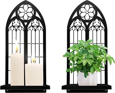 Gothic Wall Sconces Set of Two Candle Holder, Black Metal Gothic Wall Decor, Arched Church Wall Sconces, Rustic Farmhouse Home Wall Art Decor for Living Room, Bathroom, Bedroom, Dining Room(Church) in Kuwait