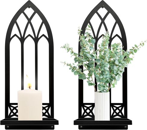 Gothic Wall Sconces Set of Two Candle Holder, Black Metal Gothic Wall Decor, Arched Church Wall Sconces, Rustic Farmhouse Home Wall Art Decor for Living Room, Bathroom, Bedroom, Dining Room(Church) in Kuwait