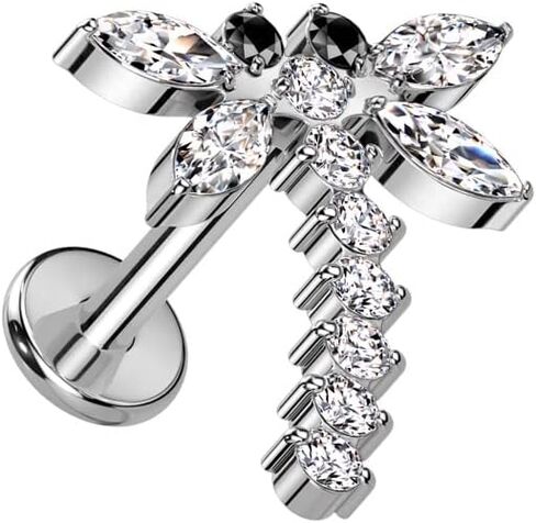 Pierced Owl 16GA F136 Implant Grade Titanium Internally Threaded CZ Crystal Dragonfly Labret Stud in Saudi Arabia