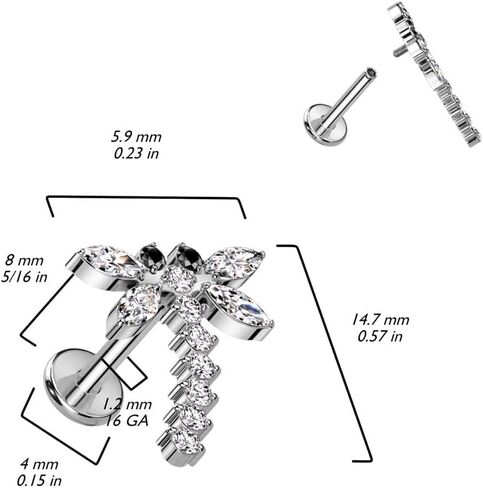 Pierced Owl 16GA F136 Implant Grade Titanium Internally Threaded CZ Crystal Dragonfly Labret Stud in Saudi Arabia