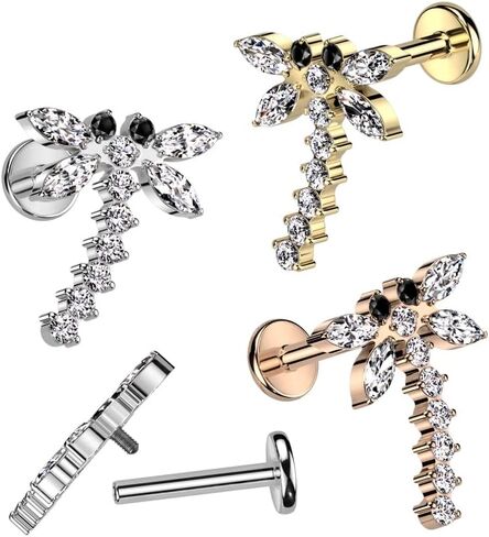 Pierced Owl 16GA F136 Implant Grade Titanium Internally Threaded CZ Crystal Dragonfly Labret Stud in Saudi Arabia