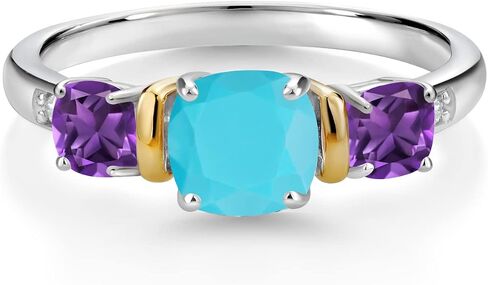 Gem Stone King 1.50 قيراط أخضر فيروزي أرجواني جمشت والألماس 925 فضي وذهب أصفر عيار 10 قيراط خاتم 3 أحجار للنساء | جوهرة الميلاد الأحجار الكريمة | متوفر بمقاسات 5، 6، 7، 8، 9 in Saudi Arabia