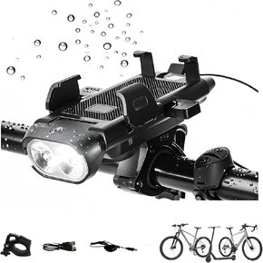 4-in-1 Bike Phone Mount with Light, Horn, USB Charging, 500 Lumens, Rainproof, Easy Installation - Ideal for Night Riding, Commuters & Cyclists (Black) in Saudi Arabia