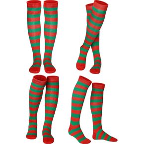 SATINIOR 4 Pair Christmas Red and Green Striped Socks Elf Candy Knee High Socks Xmas Stockings for Women Girls in Kuwait