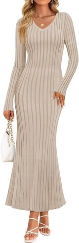 ZESICA Women's 2025 Fall Sweater Dress Long Sleeve V Neck Ribbed Knit Party Cocktail Bodycon Maxi Dresses in Saudi Arabia
