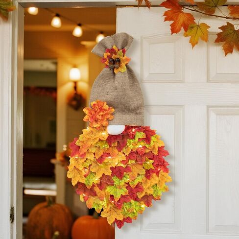 Fall Garland Gnome Door Hanging Wreaths with Maple Leaves LED String Lights, Artificial Maple Leaves Wreath for Autumn Harvest Thanksgiving Decoration Home Indoor Outdoor B in Kuwait