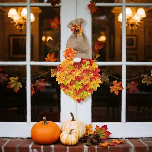 Fall Garland Gnome Door Hanging Wreaths with Maple Leaves LED String Lights, Artificial Maple Leaves Wreath for Autumn Harvest Thanksgiving Decoration Home Indoor Outdoor B in Kuwait