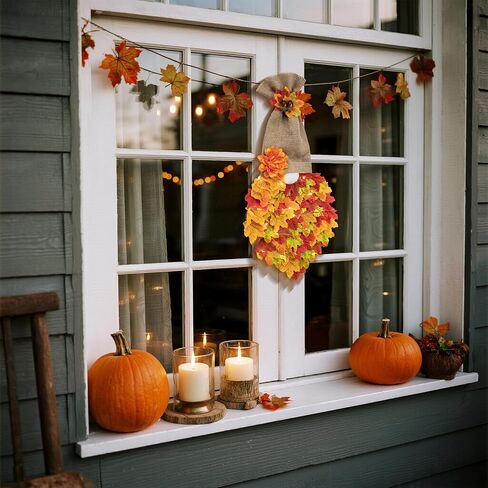 Fall Garland Gnome Door Hanging Wreaths with Maple Leaves LED String Lights, Artificial Maple Leaves Wreath for Autumn Harvest Thanksgiving Decoration Home Indoor Outdoor B in Kuwait