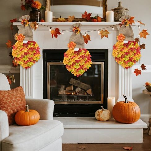 Fall Garland Gnome Door Hanging Wreaths with Maple Leaves LED String Lights, Artificial Maple Leaves Wreath for Autumn Harvest Thanksgiving Decoration Home Indoor Outdoor B in Kuwait