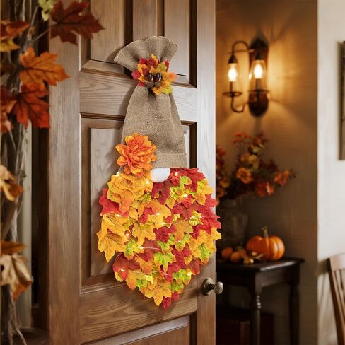Fall Garland Gnome Door Hanging Wreaths with Maple Leaves LED String Lights, Artificial Maple Leaves Wreath for Autumn Harvest Thanksgiving Decoration Home Indoor Outdoor B in Kuwait