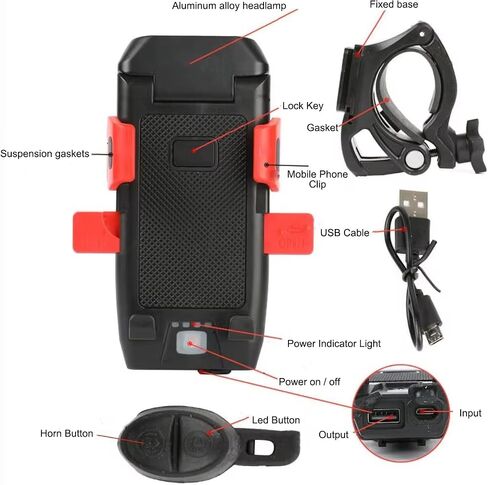 حامل هاتف للدراجة 4 في 1 مزود بإضاءة وقرن وشحن USB و500 لومن ومقاوم للمطر وسهل التركيب - مثالي للركوب الليلي والركاب وراكبي الدراجات (أسود) in Saudi Arabia