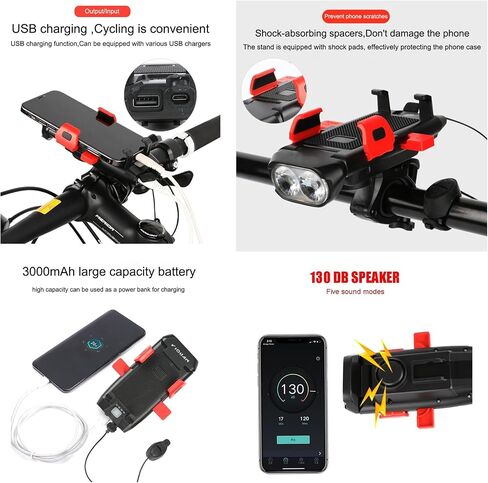 حامل هاتف للدراجة 4 في 1 مزود بإضاءة وقرن وشحن USB و500 لومن ومقاوم للمطر وسهل التركيب - مثالي للركوب الليلي والركاب وراكبي الدراجات (أسود) in Saudi Arabia