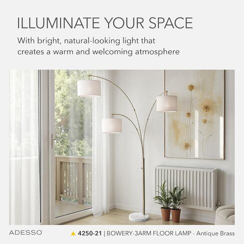 Adesso 4250-22 Bowery 3-Arm Arc Lamp, 74 in, 3 x 100W Incandescent/26W CFL, Brushed Steel Finish, 1 Floor Lamp , Grey in Saudi Arabia